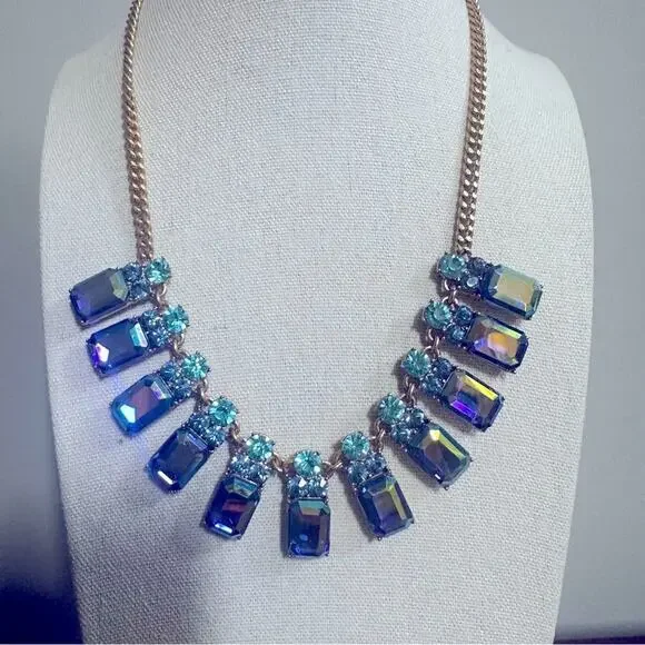 J. Crew Rare Brûlée Iridescent Blue Teal Crystal Gem Statement Necklace * flaw - Picture 2 of 16